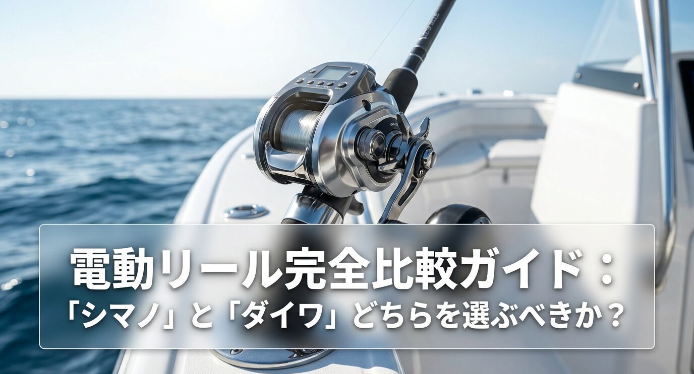 船上の電動リールと「シマノ」と「ダイワ」の比較テーマを示したアイキャッチ画像