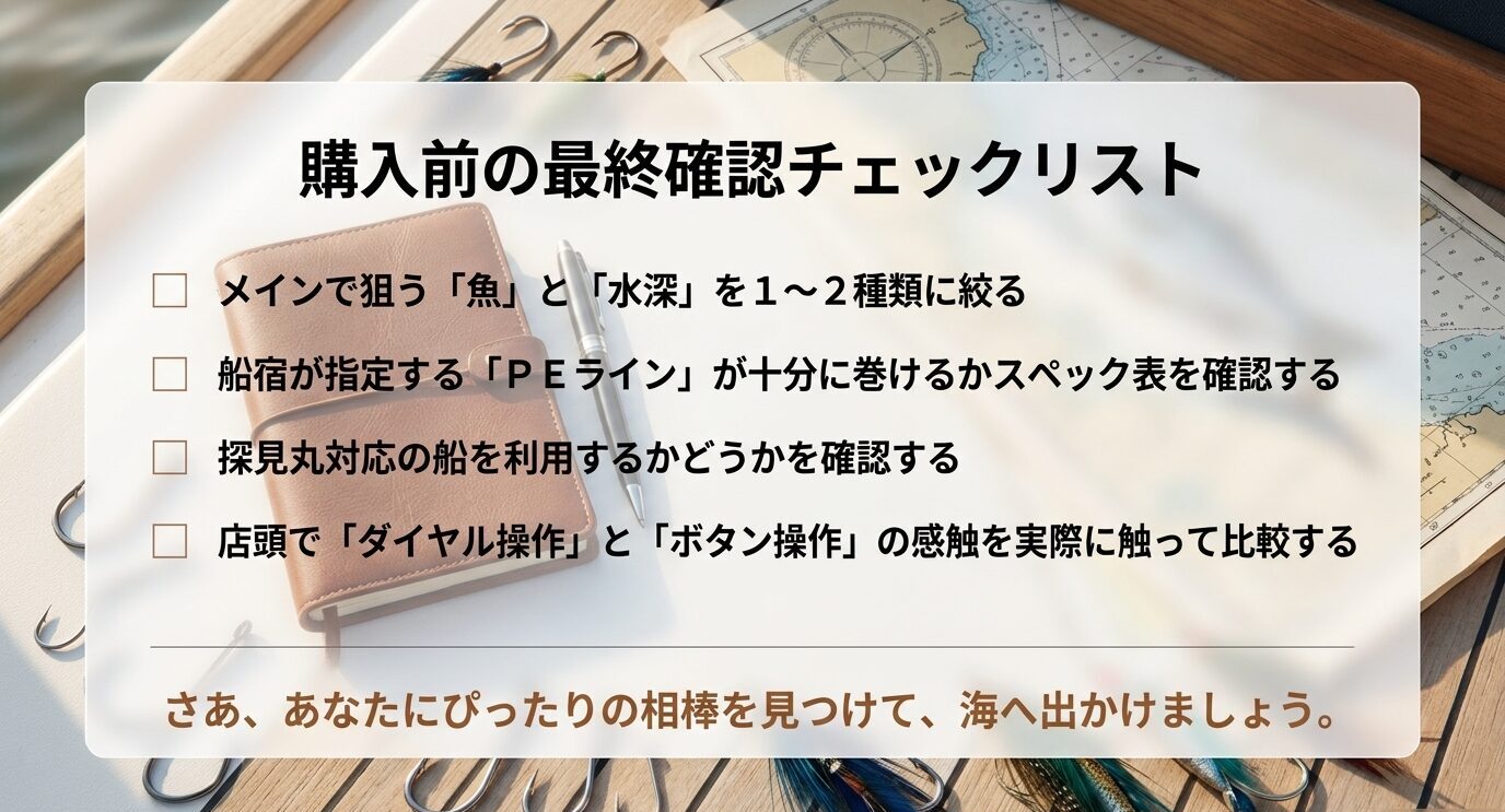 狙う魚と水深、PEライン、探見丸対応、操作感の比較を購入前に確認するためのチェックリスト画像