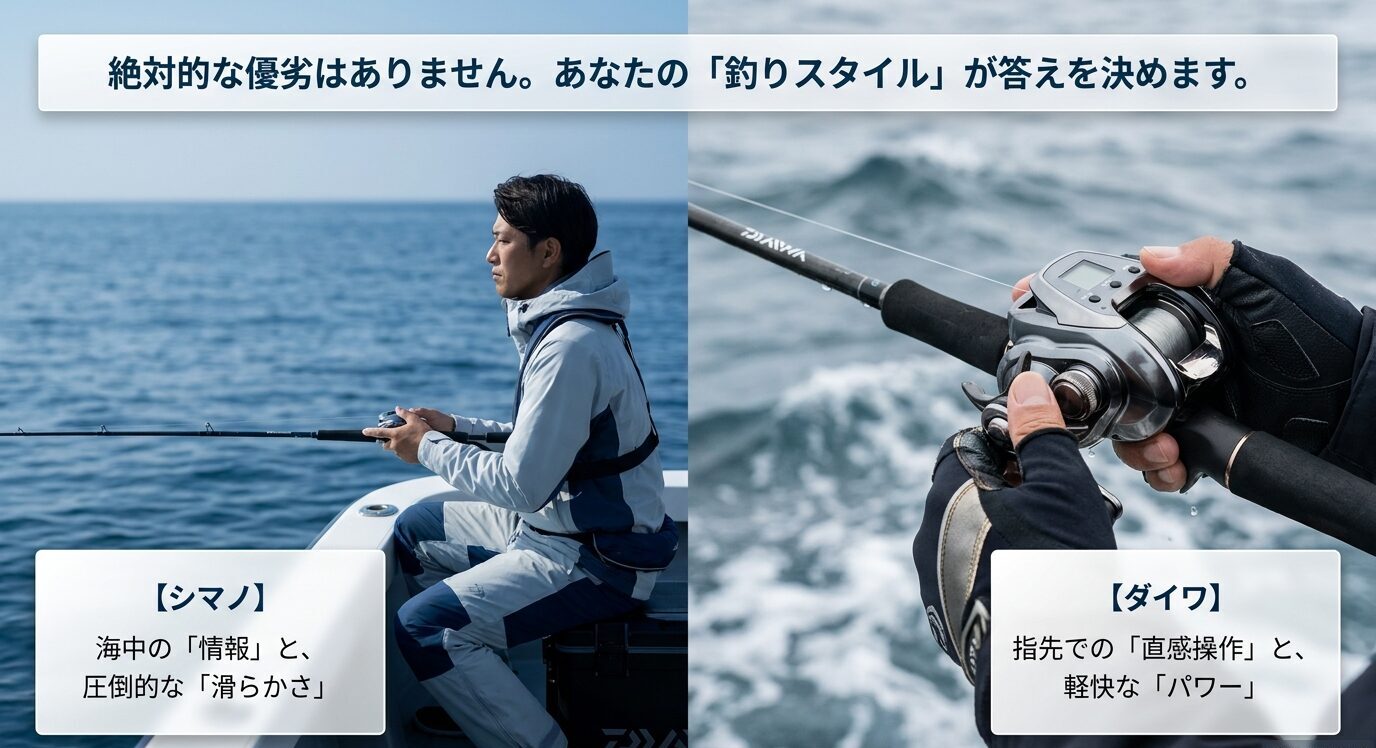 シマノは海中情報と滑らかさ、ダイワは直感操作と軽いパワーを重視することを比較した画像