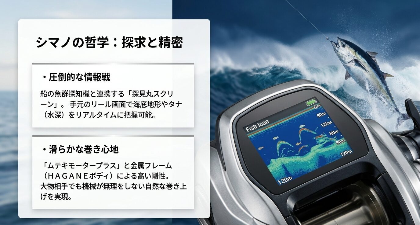 シマノ電動リールの探見丸スクリーン、滑らかな巻き心地、高剛性ボディの特徴を示した画像