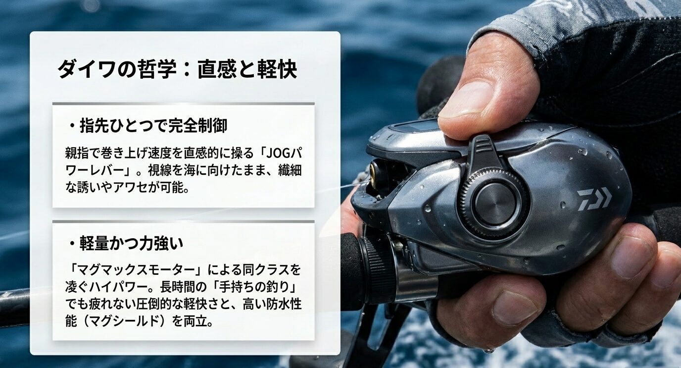 ダイワ電動リールのJOGパワーレバー、軽量性、巻き上げ力、防水性能の特徴を示した画像