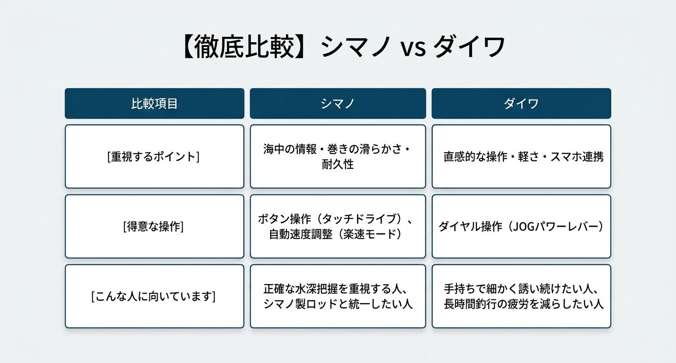 シマノとダイワの重視ポイント、得意な操作、向いている人を表で比較した画像