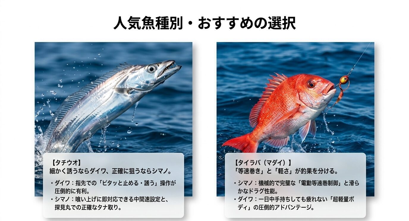 タチウオはダイワの操作性、タイラバはシマノの等速巻きとダイワの軽量性が選択ポイントになることを示した画像