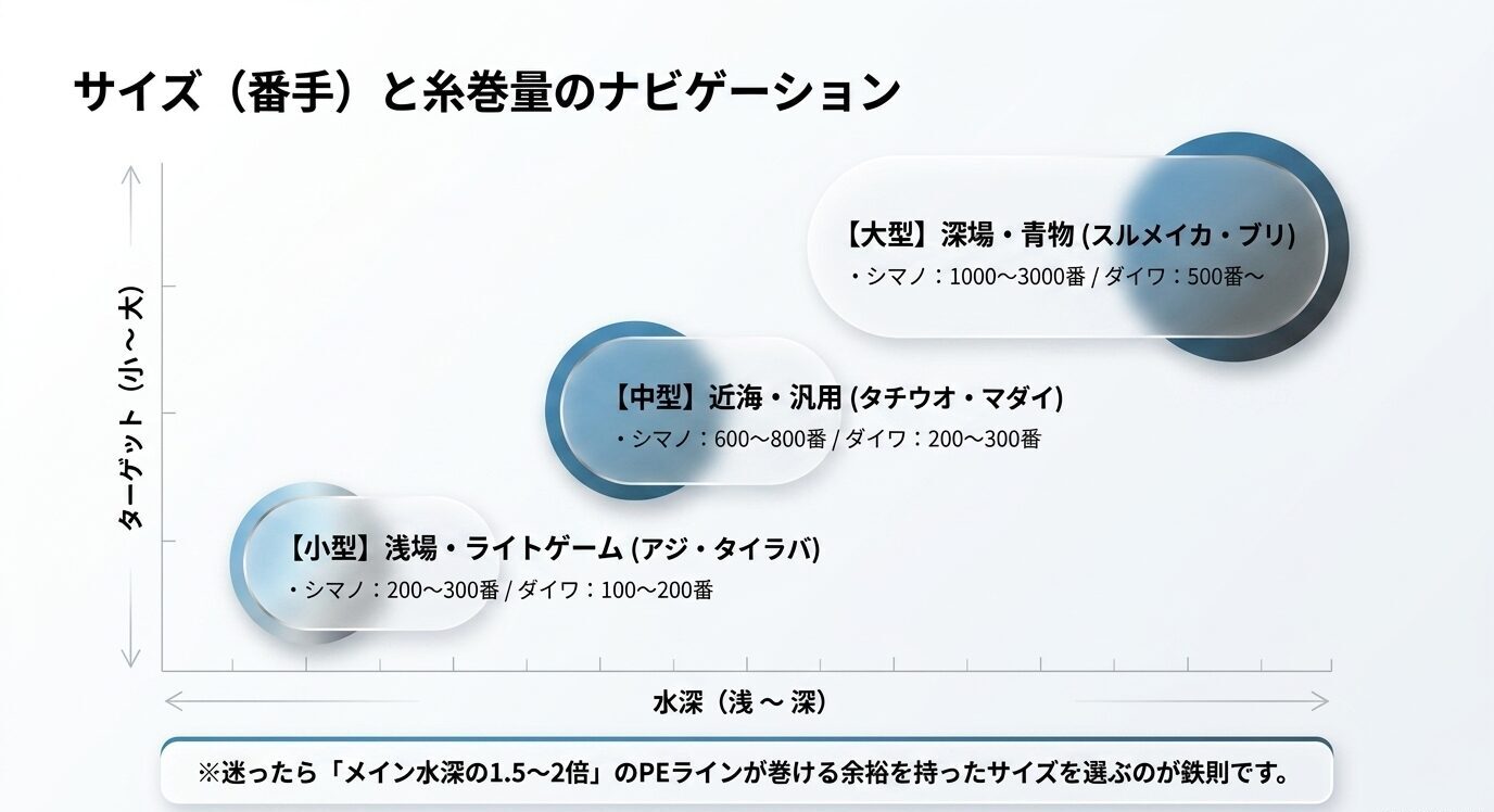 小型・中型・大型の電動リールを水深とターゲット別に整理し、必要な糸巻量の目安を示した画像
