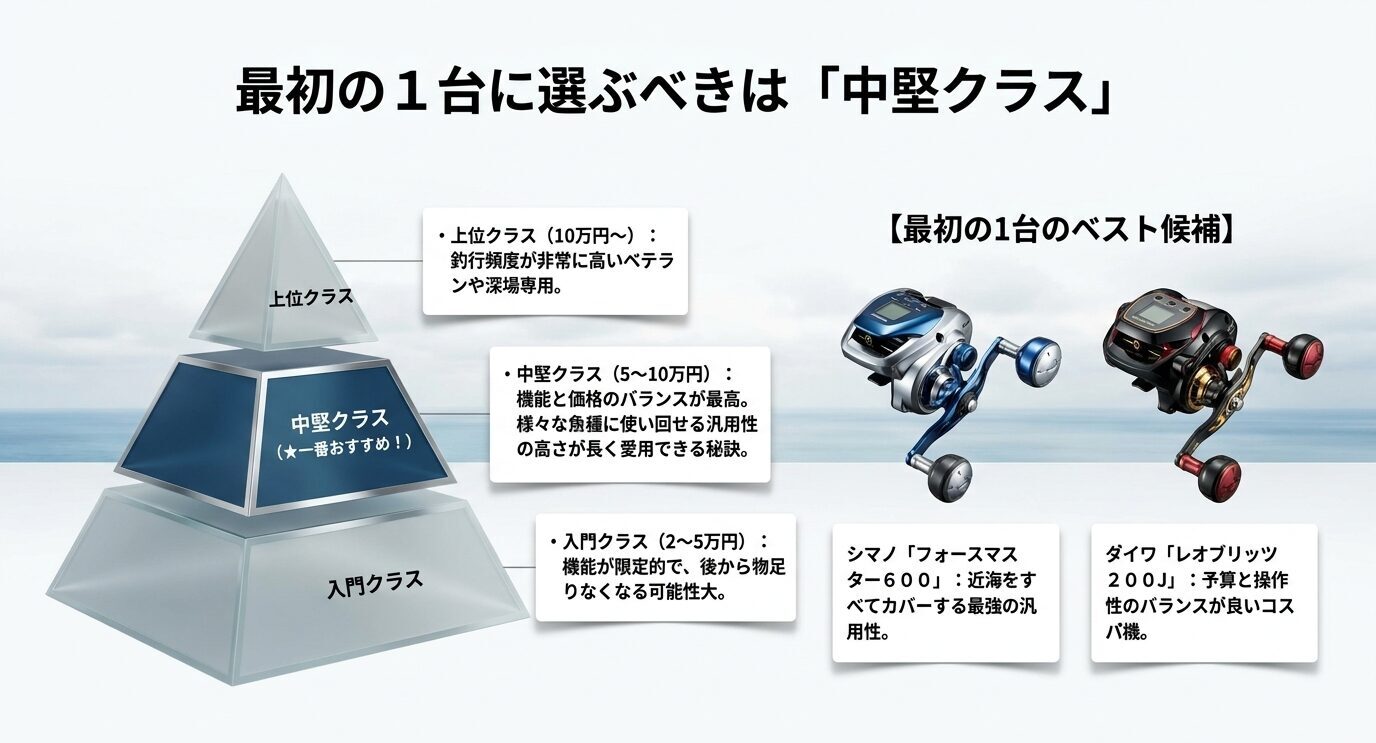 入門・中堅・上位クラスの違いと、最初の候補としてフォースマスター600とレオブリッツ200Jを示した画像