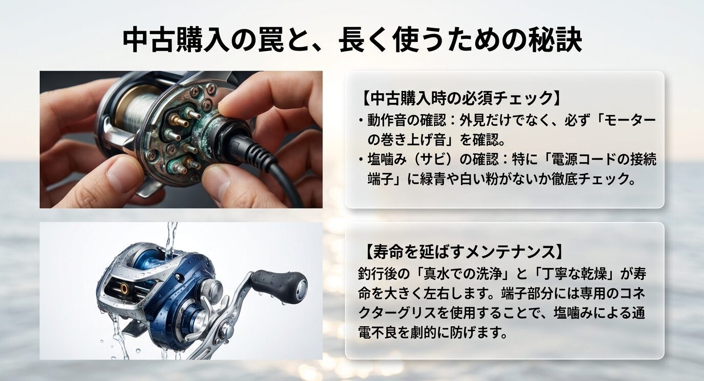 電動リールの中古購入時に確認すべき動作音や塩噛み、真水洗浄と乾燥によるメンテナンスを示した画像