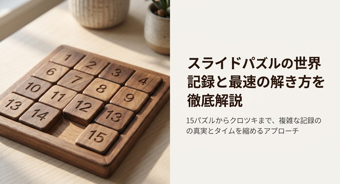 木製の15パズルと「スライドパズルの世界記録と最速の解き方を徹底解説」という記事テーマを示すスライド