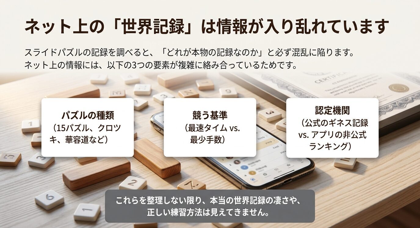 スライドパズルの世界記録で混乱しやすい要素として、パズルの種類、競う基準、認定機関を整理したスライド