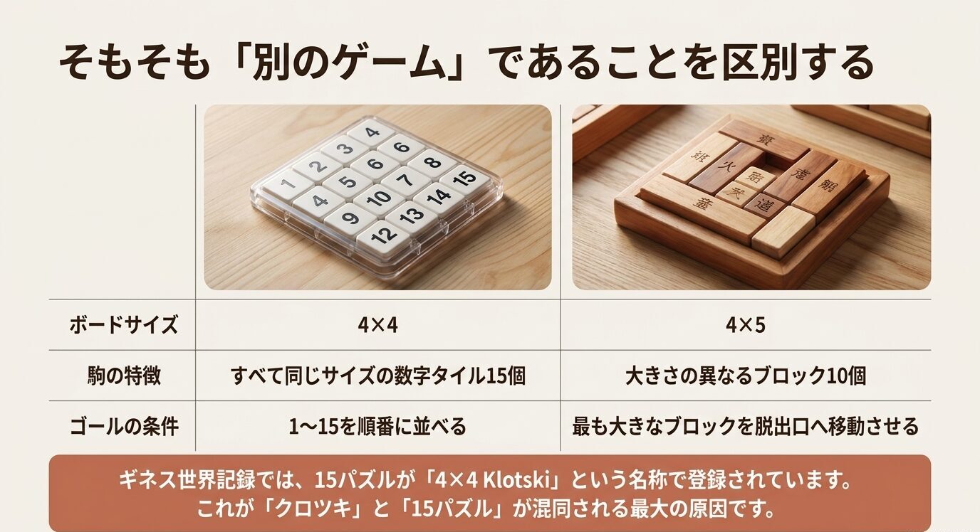 15パズルと華容道・クロツキの違いを、ボードサイズ、駒の特徴、ゴール条件で比較したスライド