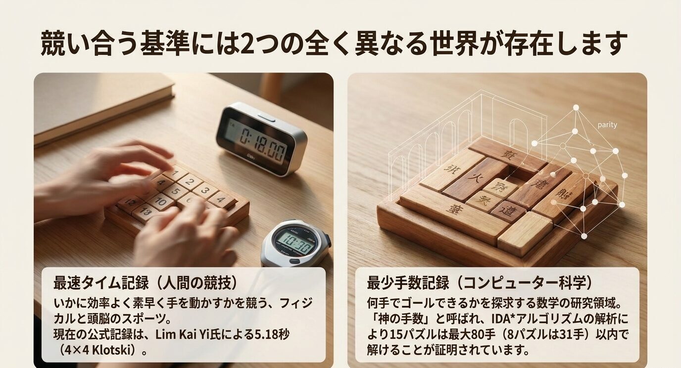 スライドパズルの競い合う基準として、最速タイム記録と最少手数記録の違いを説明したスライド
