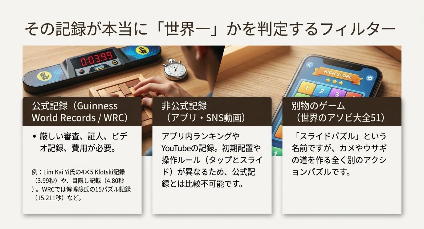 公式記録、非公式記録、世界のアソビ大全のような別ゲームの記録を区別するための判断基準を示したスライド