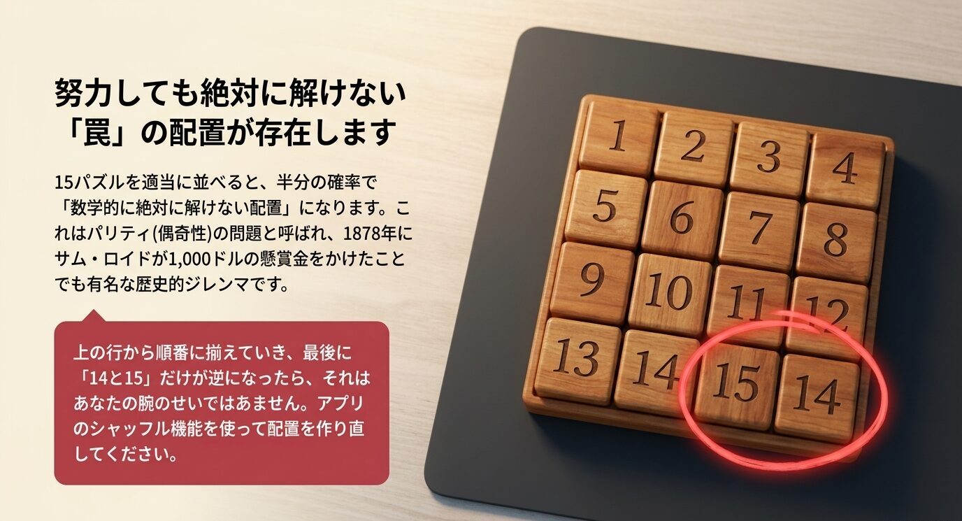 15パズルで14と15のタイルだけが入れ替わった、数学的に解けない配置の例を示すスライド