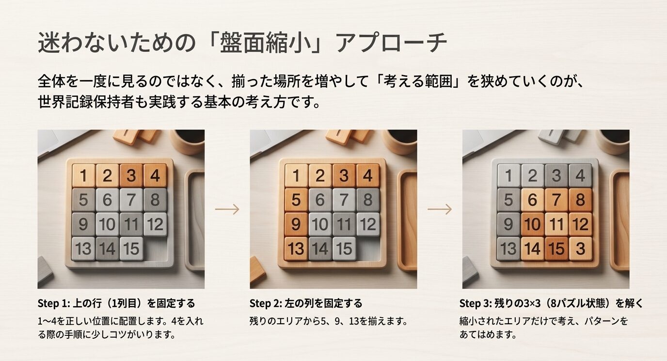 15パズルを上の行、左の列、残り3×3の順に解いていく盤面縮小アプローチを説明したスライド