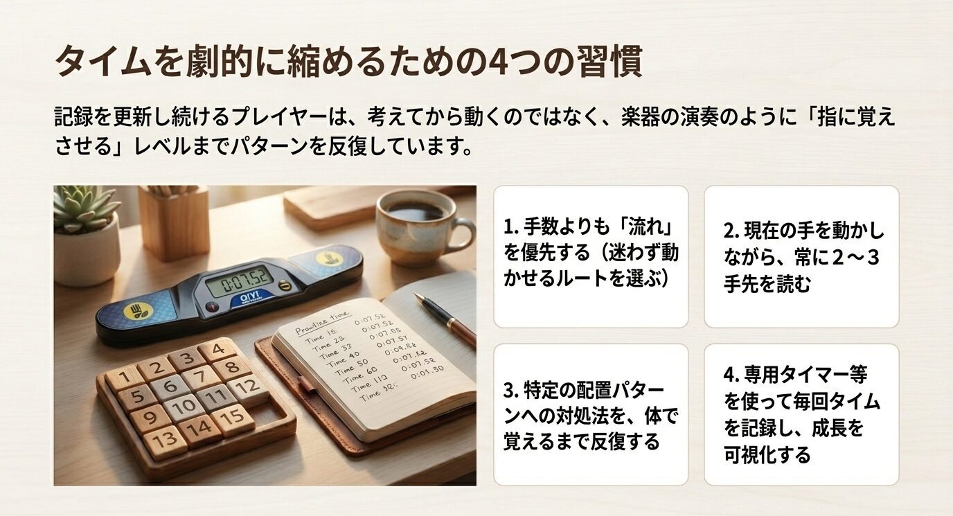 スライドパズルのタイムを縮めるために、流れを優先すること、先読み、配置パターンの反復、タイム記録を習慣化する方法を示したスライド