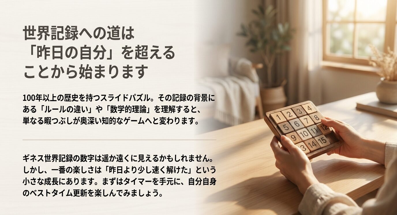 スライドパズルの世界記録への道は、昨日の自分を超える小さな成長から始まることを伝えるまとめスライド