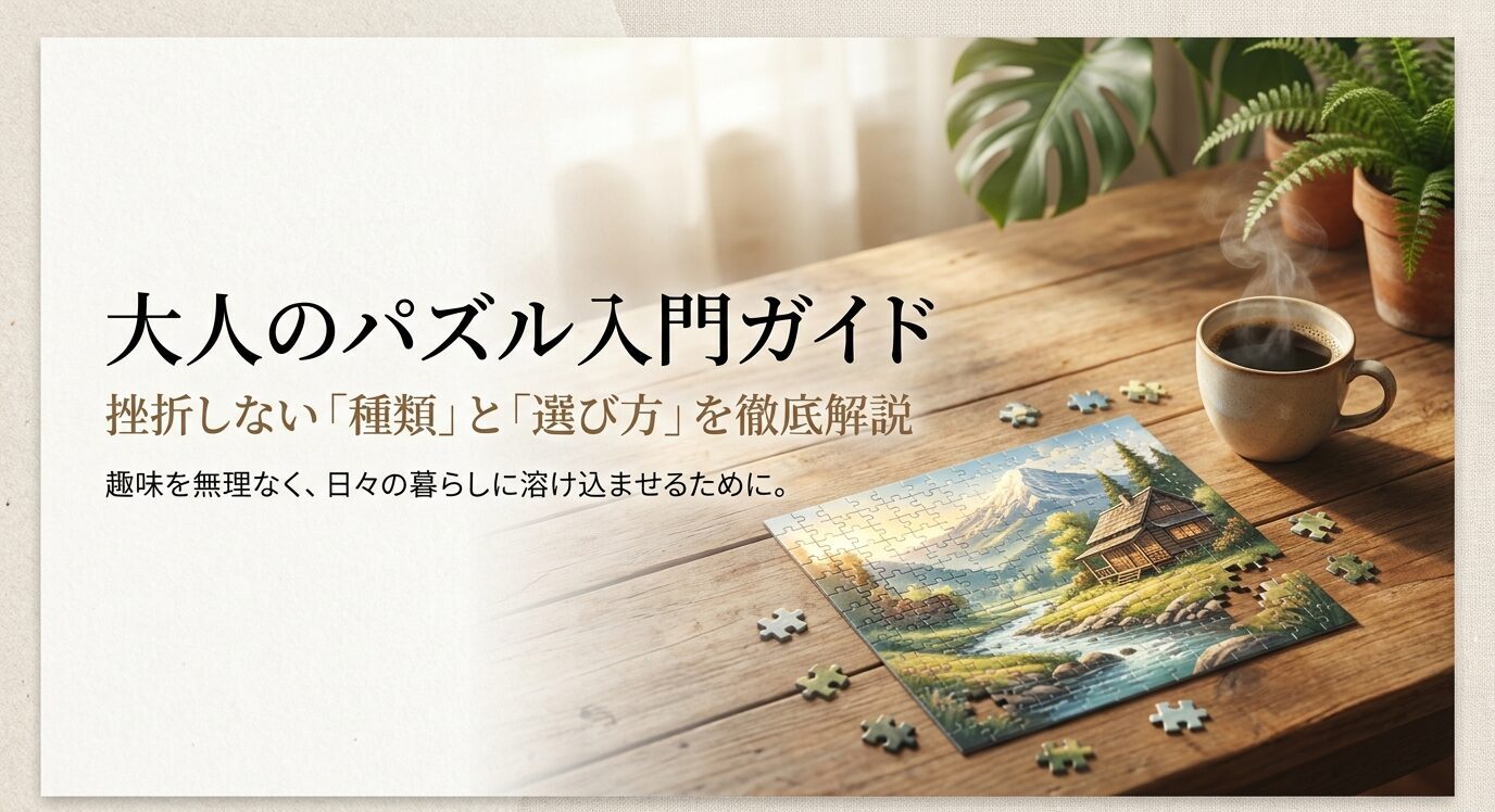 木のテーブル上のジグソーパズルとコーヒーを背景に、大人のパズル入門ガイドというタイトルが表示されたスライド。