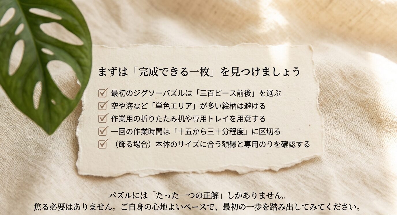 最初のジグソーパズルは300ピース前後を選び、単色が多い絵柄を避け、作業台やトレー、作業時間、額縁やのりを確認するチェックリスト。