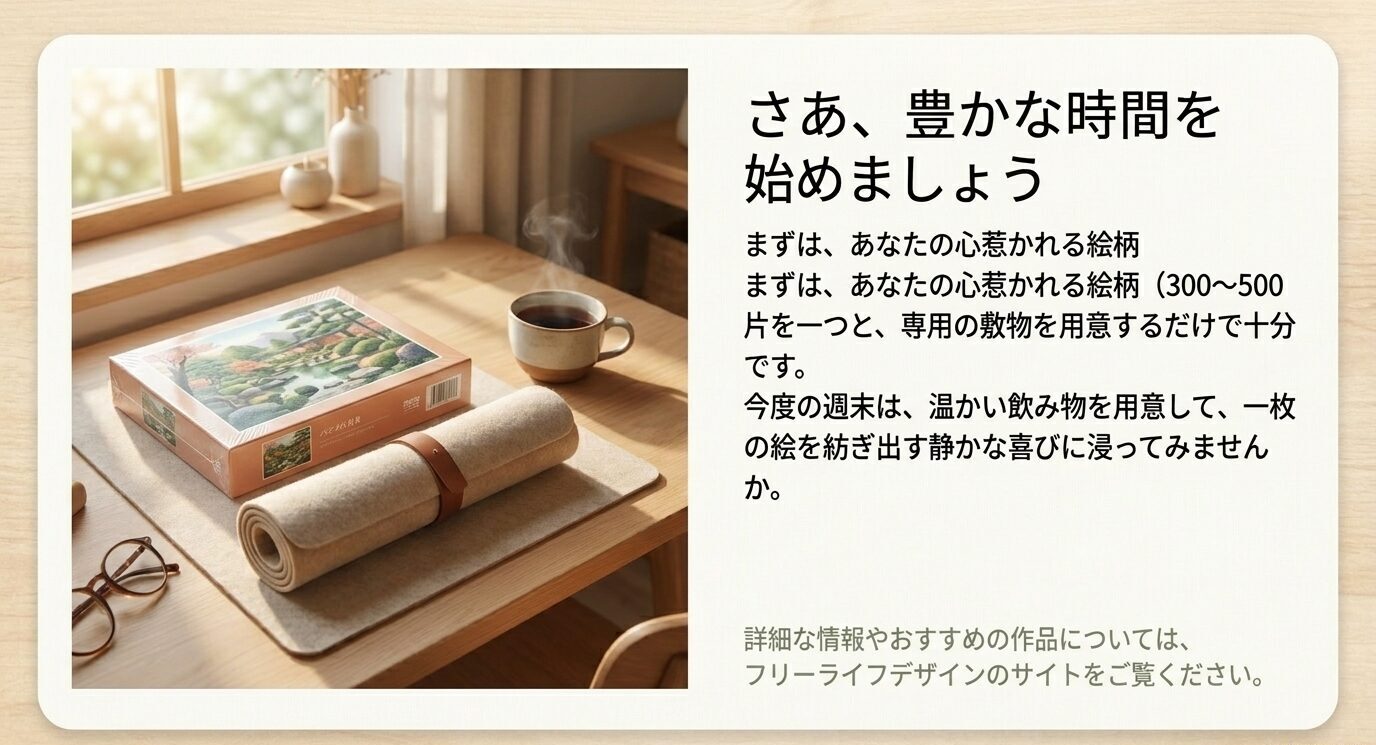 窓辺の机にジグソーパズルの箱、パズルマット、コーヒーが置かれ、300〜500ピースと専用敷物から始めることをすすめる締めのスライド