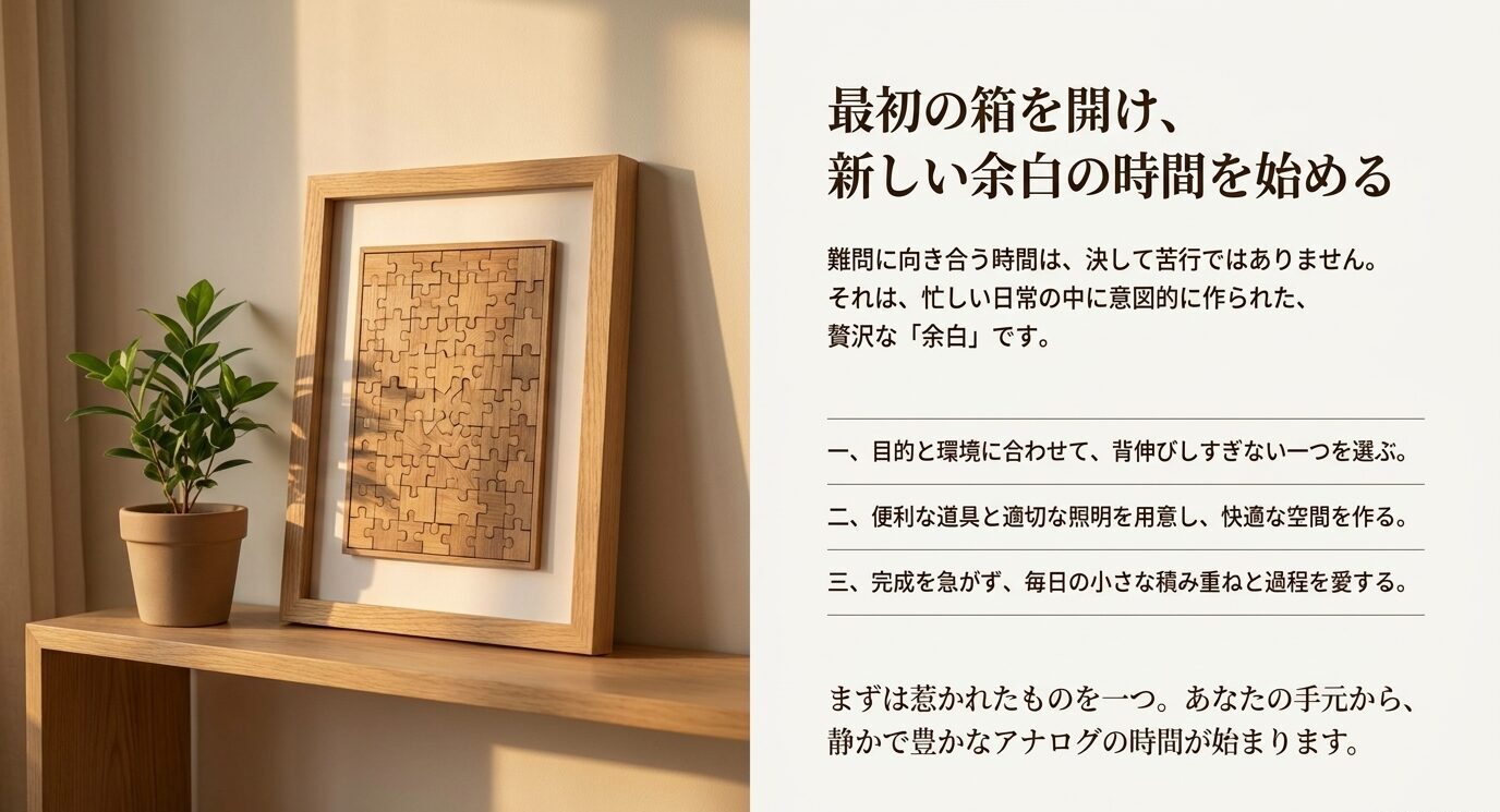 棚に飾られた木製パズルの写真とともに、目的と環境に合ったパズルを選び、道具と照明を整え、毎日の小さな積み重ねを楽しむことを促すまとめ画像。