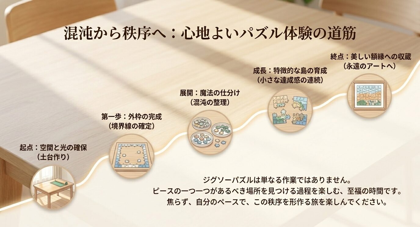 ジグソーパズルを準備、外枠作り、仕分け、島づくり、額縁収納へ進める全体の流れを示したスライド