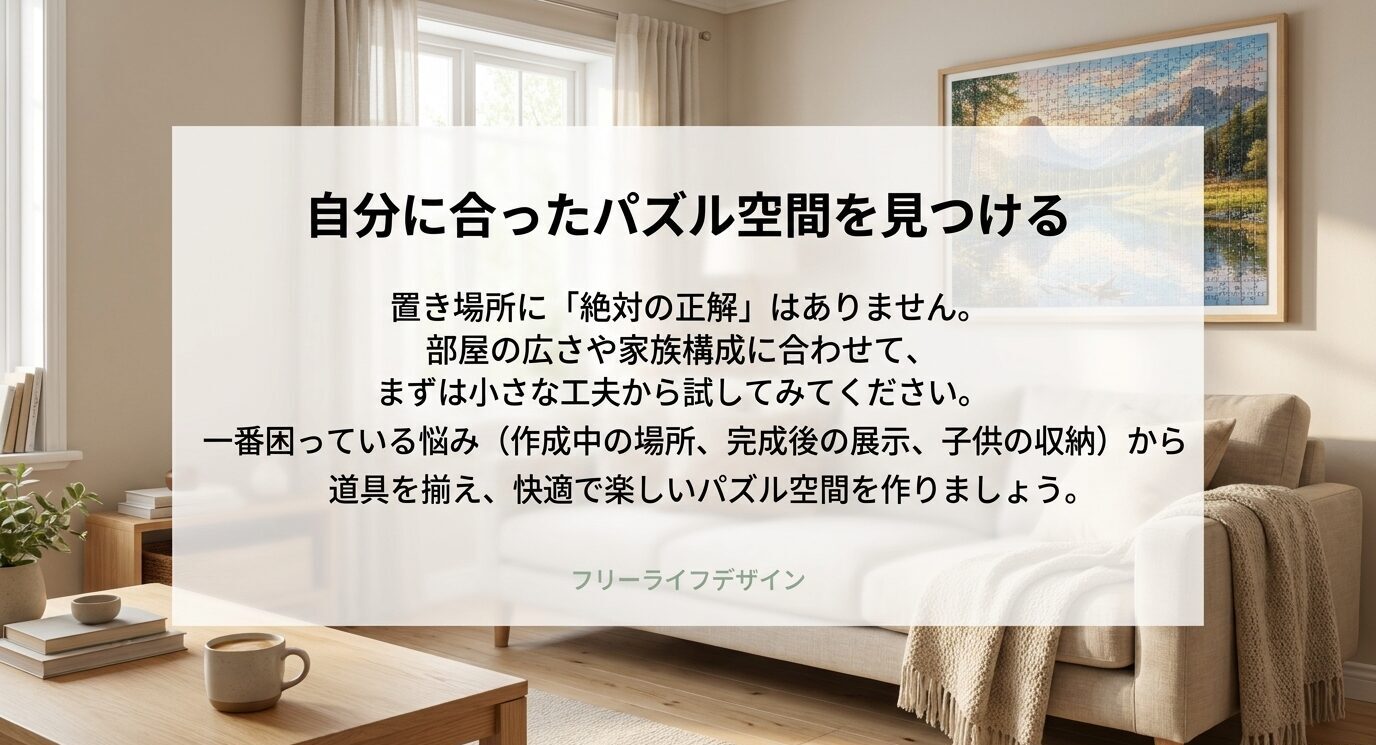 パズルの置き場所に絶対の正解はなく、部屋の広さや家族構成に合わせて小さな工夫から始めることを伝えるまとめスライド
