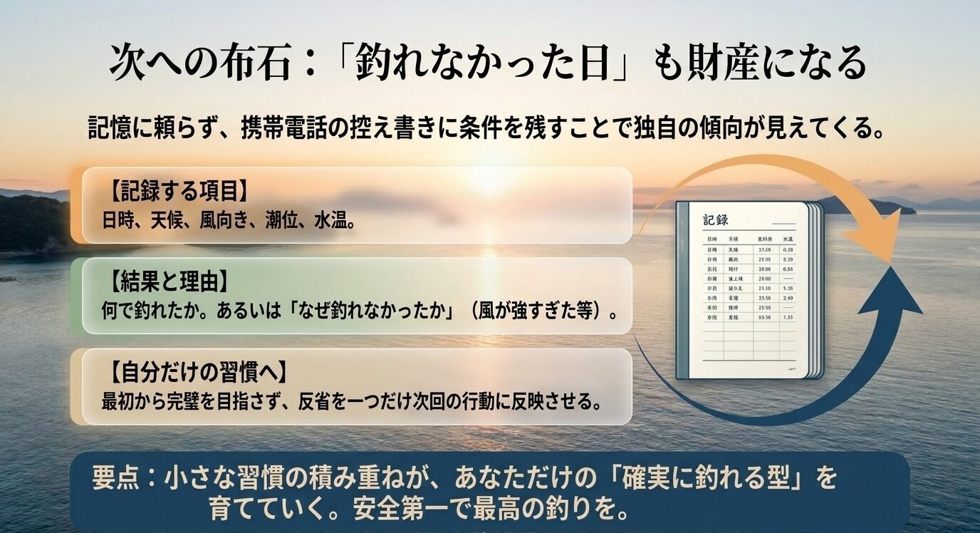 日時、天候、風向き、潮位、水温、釣れた理由や釣れなかった理由を記録し、次回の釣り習慣へ反映する流れを示すスライド