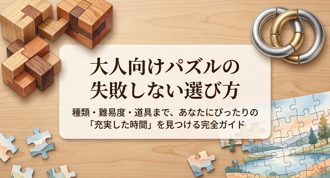 木製パズル、知恵の輪、ジグソーパズルを背景に、大人向けパズルの失敗しない選び方を紹介するアイキャッチ画像。