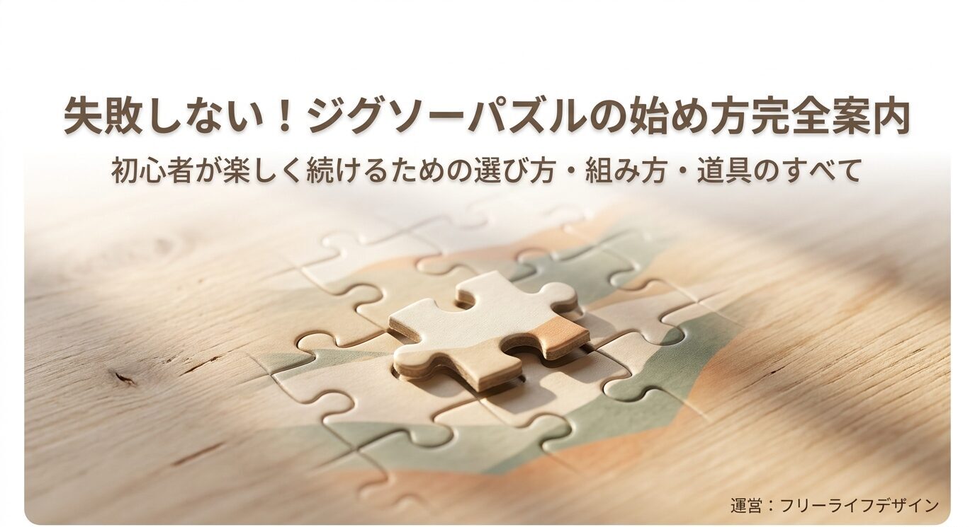 木目のテーブル上に置かれたジグソーパズルと、「失敗しない！ジグソーパズルの始め方完全案内」というタイトルが表示されたアイキャッチ画像