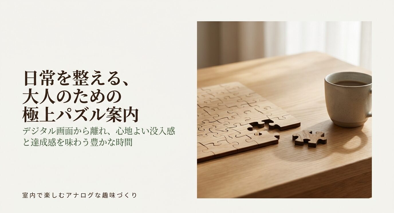 木製パズルと飲み物が置かれた穏やかな室内の写真に、「日常を整える、大人のための極上パズル案内」と書かれたアイキャッチ画像。