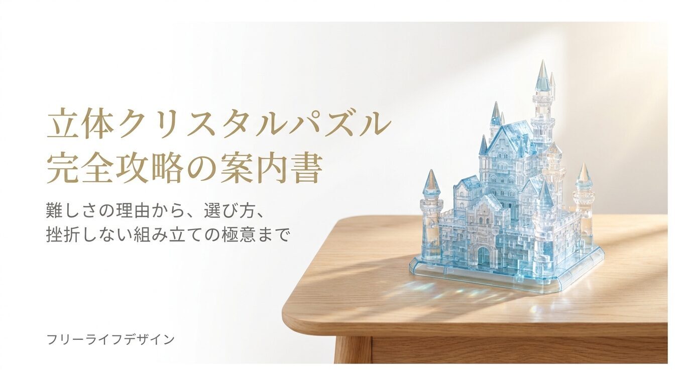 木製テーブルの上に置かれた青い透明のクリスタル城と、「立体クリスタルパズル完全攻略の案内書」というタイトルが表示されたアイキャッチ画像