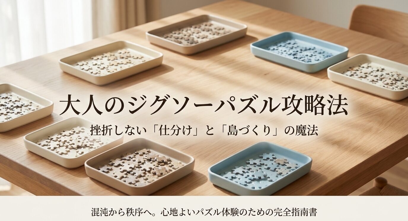 仕分けトレーに分けたピースと作業台を背景に、ジグソーパズル攻略法の概要を示したスライド