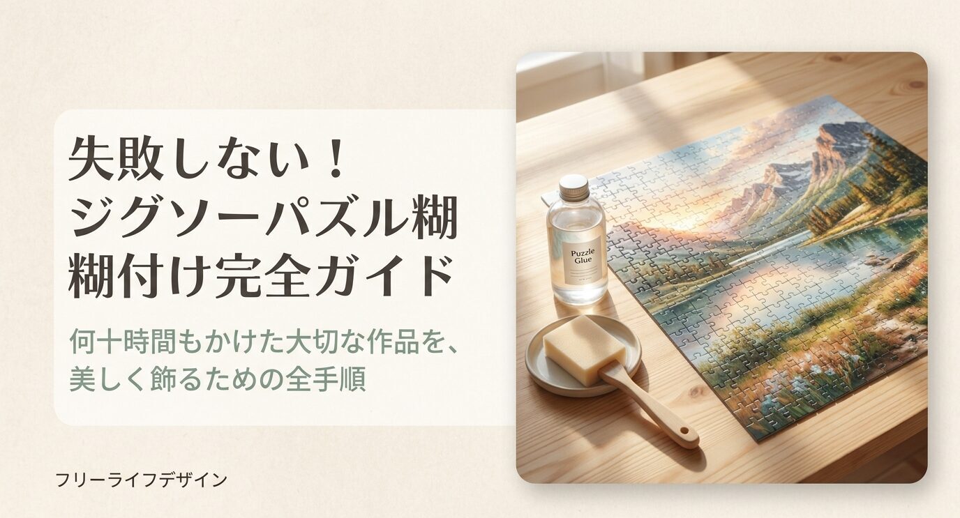 完成したジグソーパズルと専用のりを使った糊付け作業を示すタイトルスライド