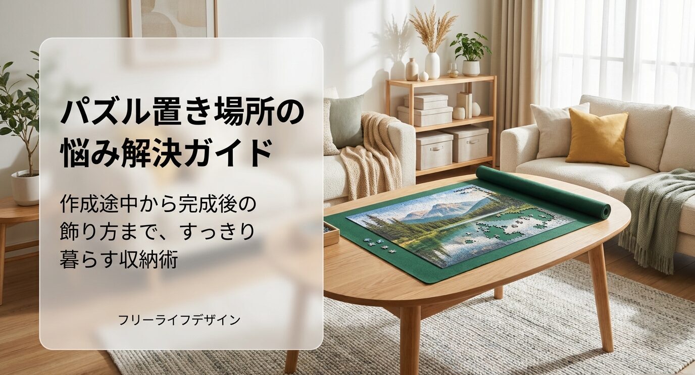 パズルマットを使った作成途中の保管と、すっきりした部屋でのパズル収納を示すアイキャッチ画像