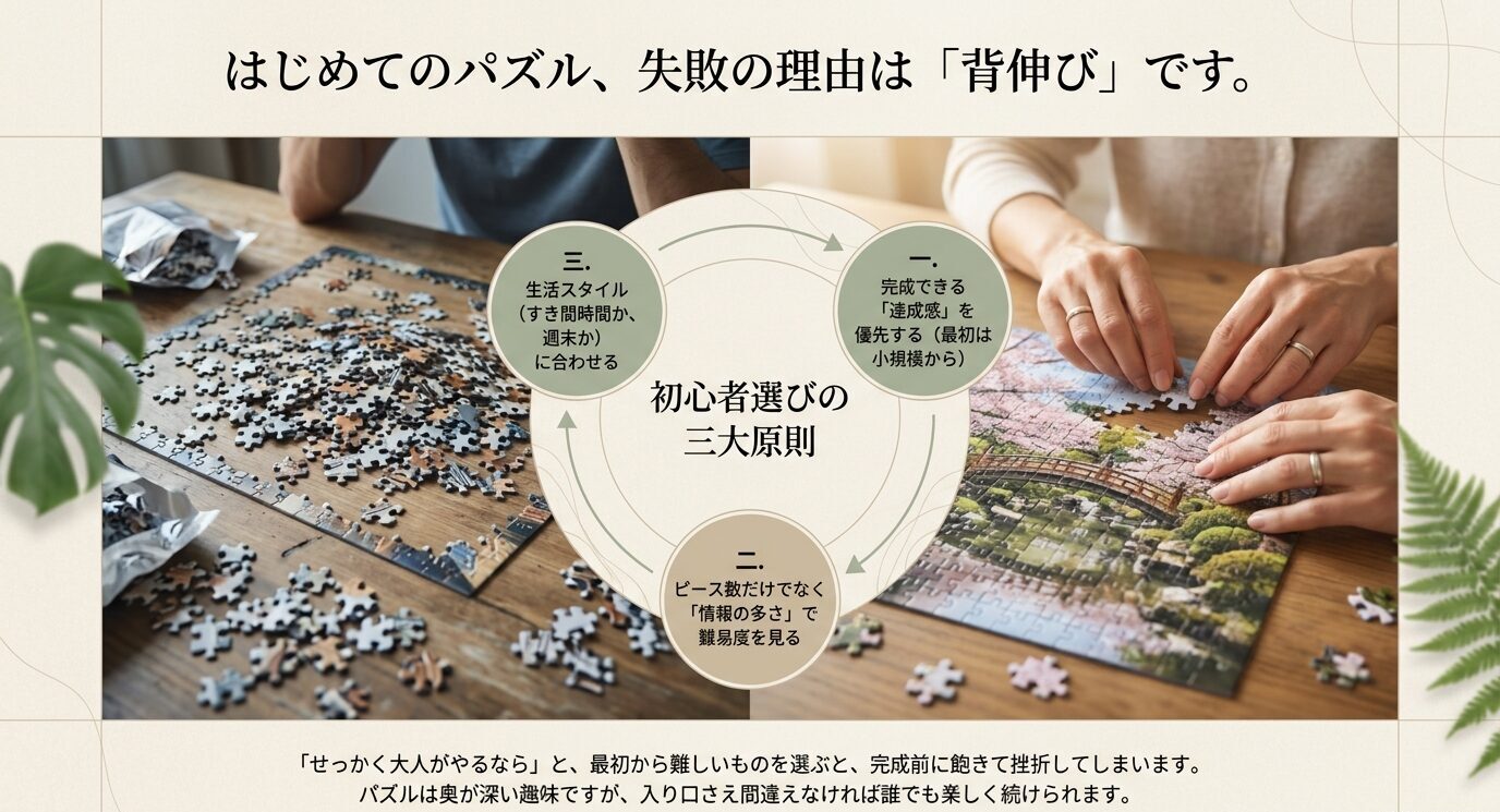 初めてのパズルで失敗しないために、達成感・情報量・生活スタイルを重視する三大原則を示したスライド。