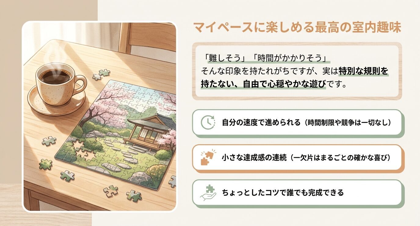 コーヒーとジグソーパズルを置いた机のイラストに、自分の速度で進められることや小さな達成感が得られることをまとめた説明