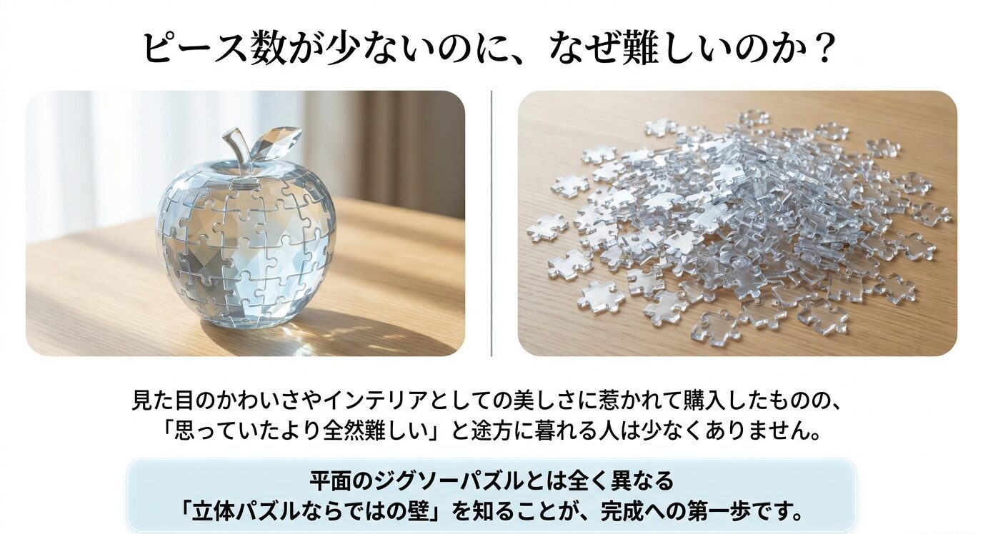 完成した透明なリンゴ型パズルと透明ピースの山を並べ、クリスタルパズルが平面ジグソーとは異なり難しいことを説明する画像