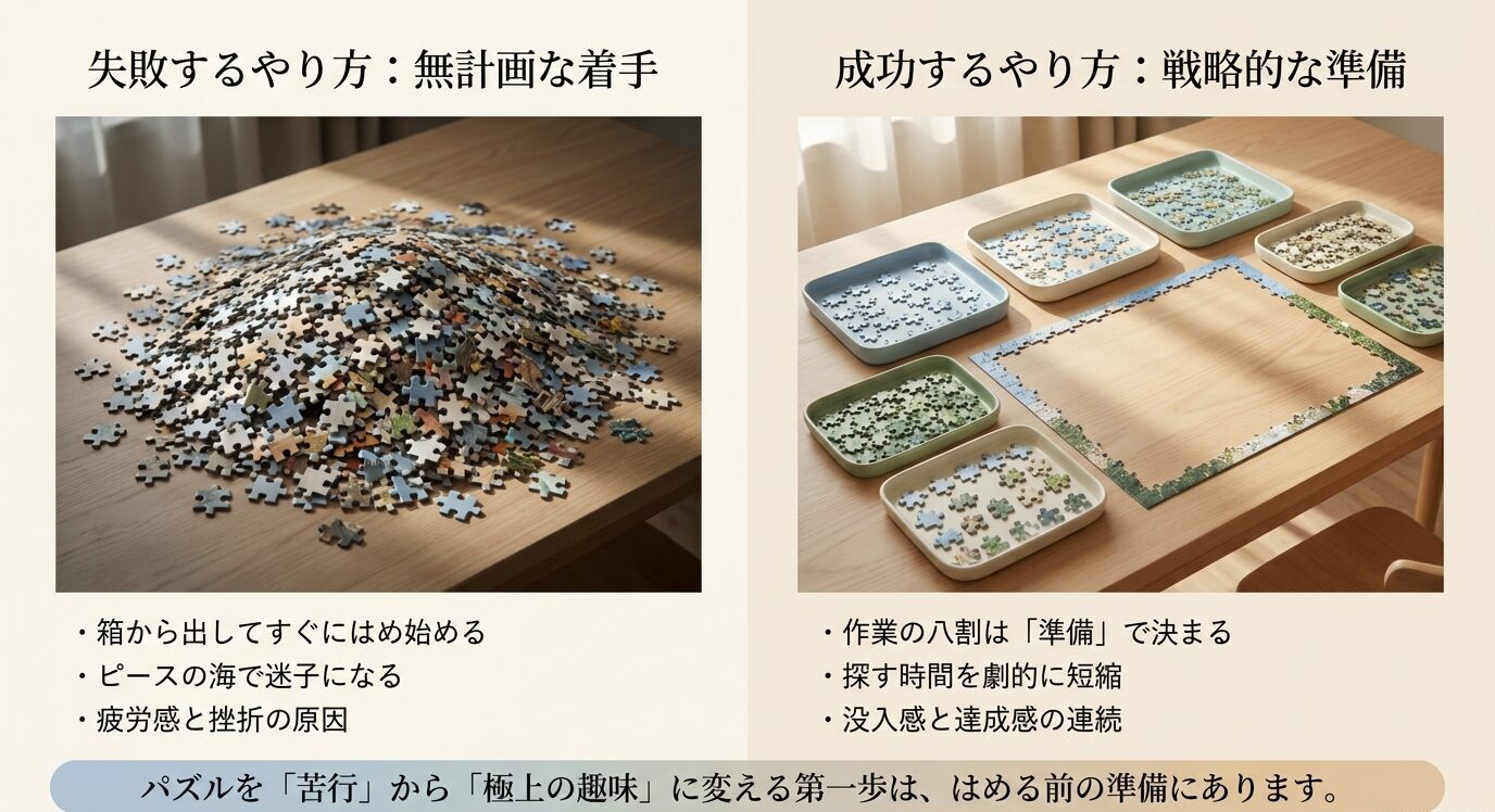 無計画にピースを広げた状態と、仕分けや外枠作りをした状態を比較したスライド