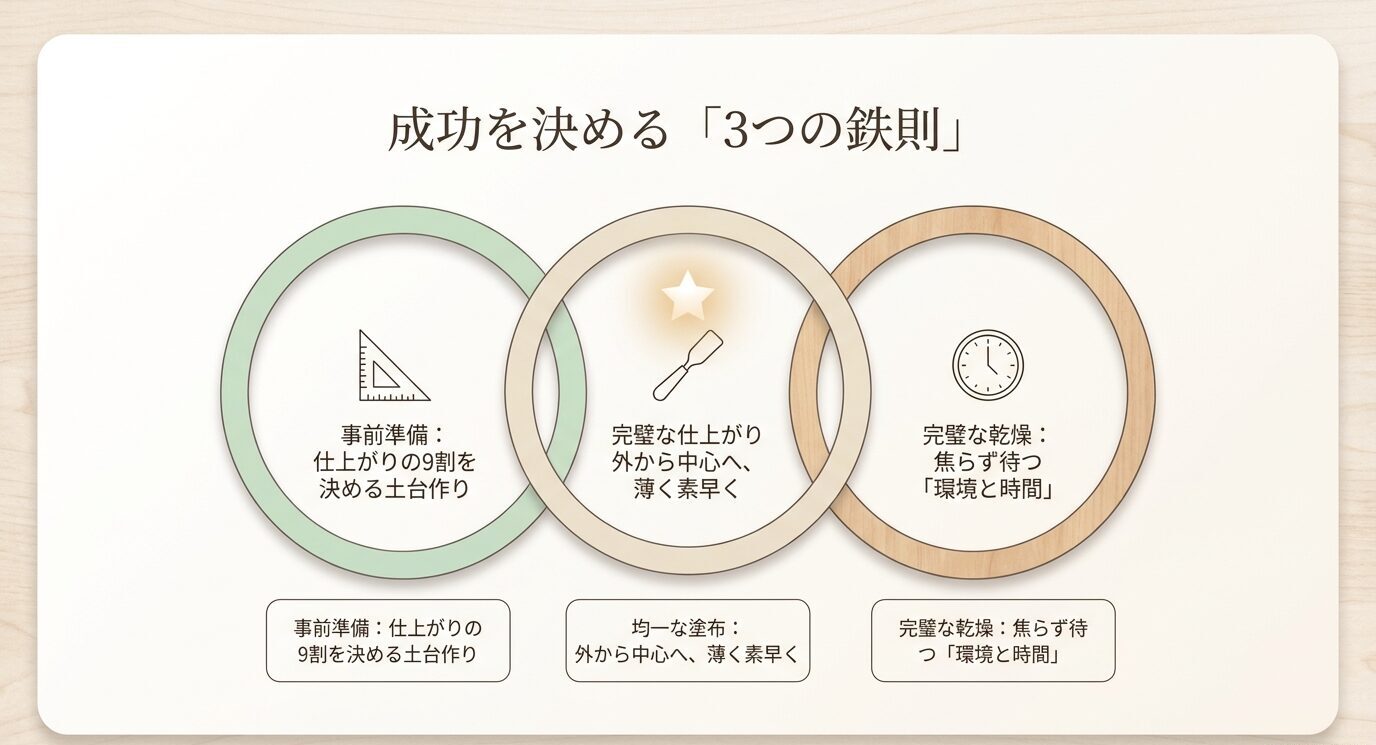 パズル糊付けで大切な事前準備、均一な塗布、乾燥環境と時間の3つの鉄則を示した図