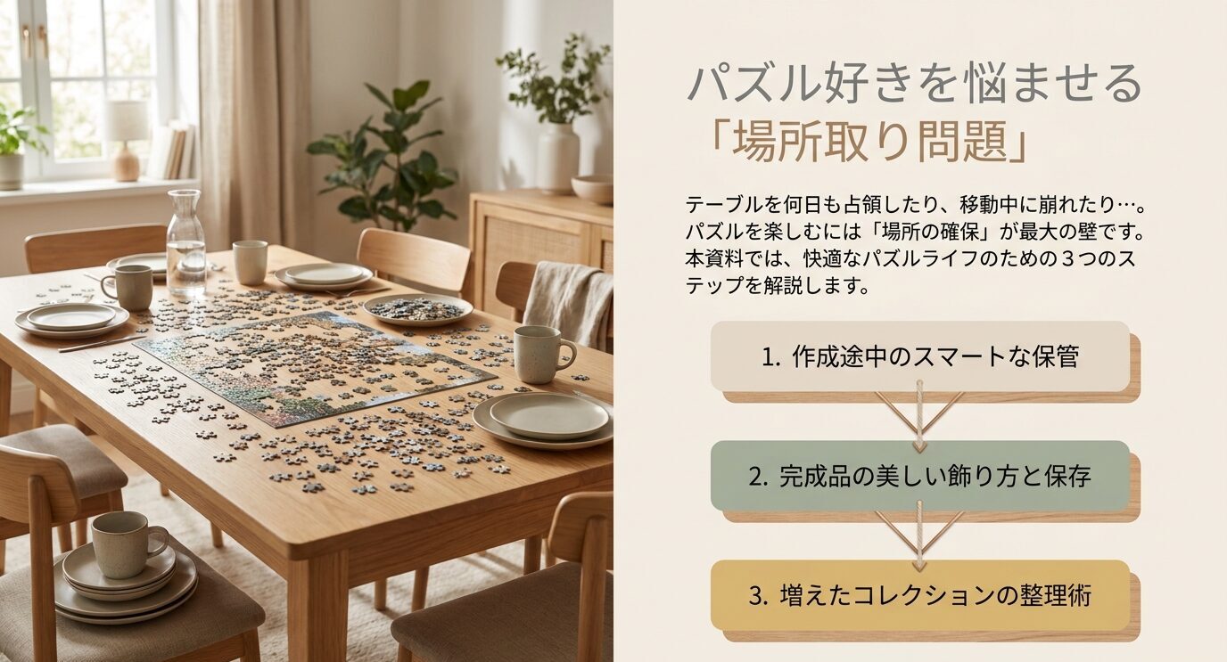 作成途中の保管、完成品の飾り方と保存、増えたコレクションの整理術を3段階で示すスライド