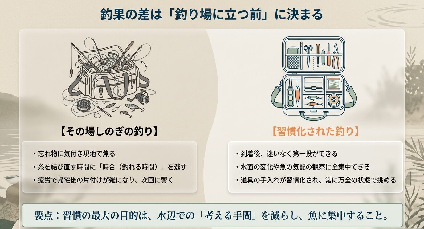 散らかった釣り道具と整理されたタックルボックスを比較し、習慣化された準備が釣果につながることを示す図