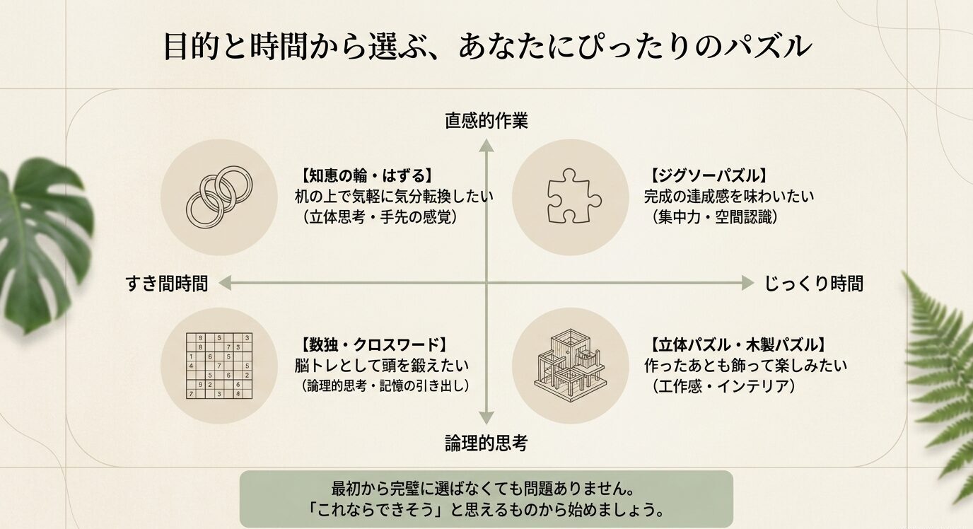 すき間時間・じっくり時間、直感的作業・論理的思考の軸で、知恵の輪、ジグソーパズル、数独、立体パズルを分類した図。