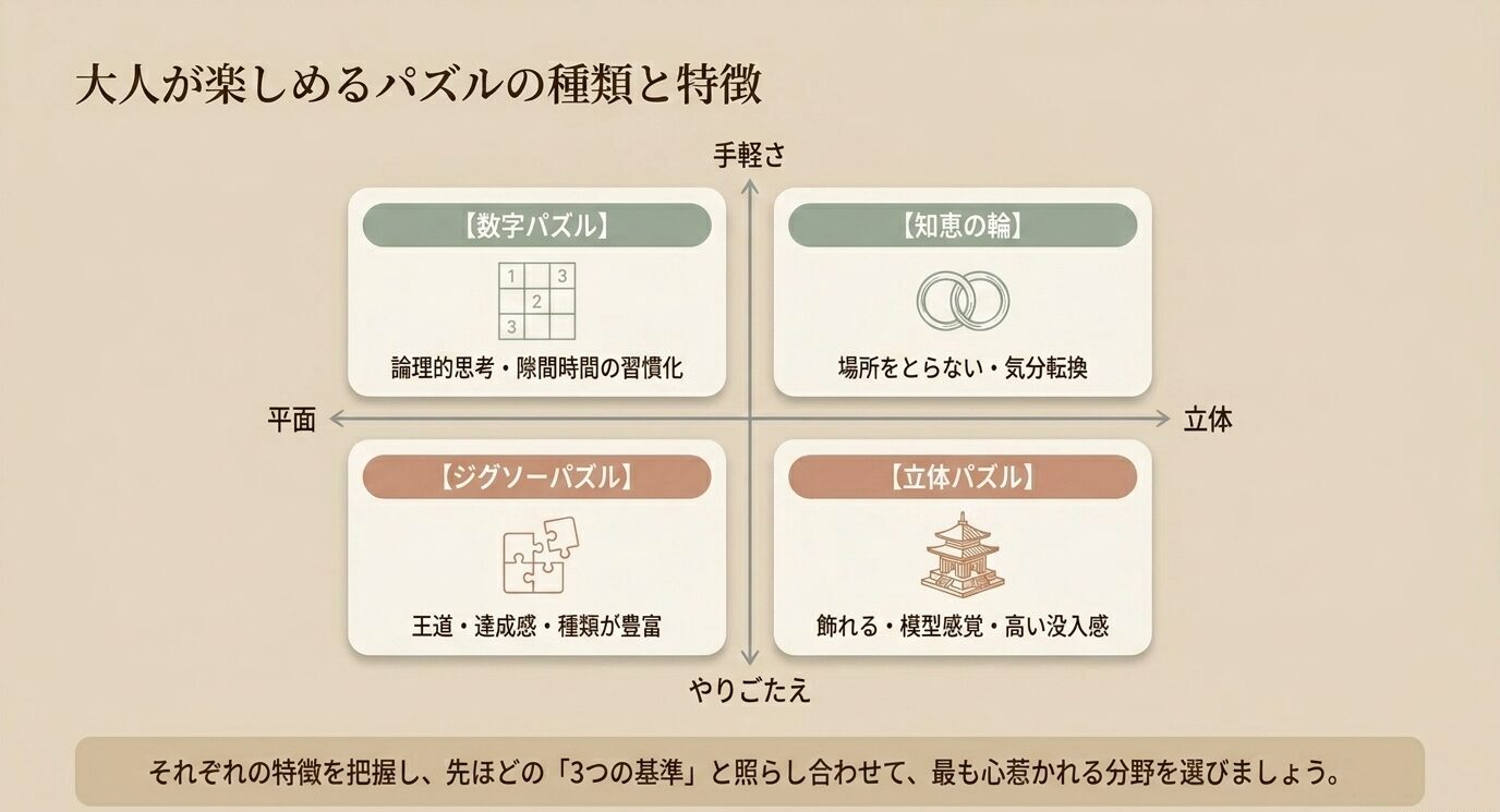 手軽さとやりごたえ、平面と立体の軸で、数字パズル、知恵の輪、ジグソーパズル、立体パズルの特徴を比較した図。