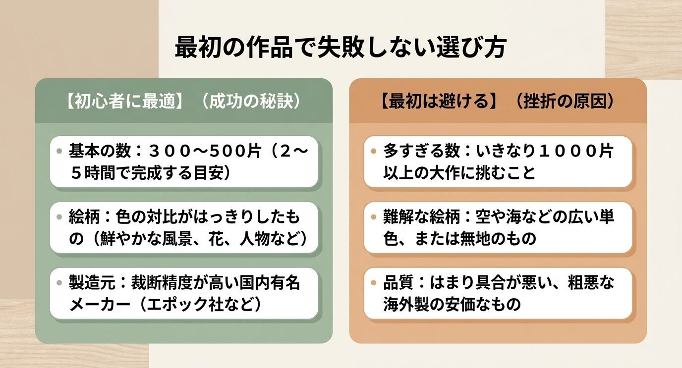初心者に最適な300〜500ピース、色の対比がはっきりした絵柄、国内有名メーカーと、避けたい1000ピース以上や難解な絵柄を比較した図