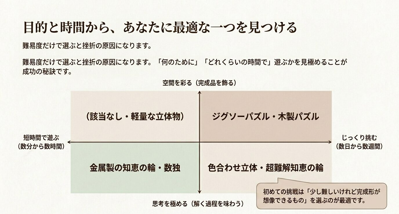 短時間で遊ぶか、じっくり挑むか、完成品を飾るか、思考を極めるかの軸で、ジグソーパズル、木製パズル、知恵の輪、数独などを分類した図。
