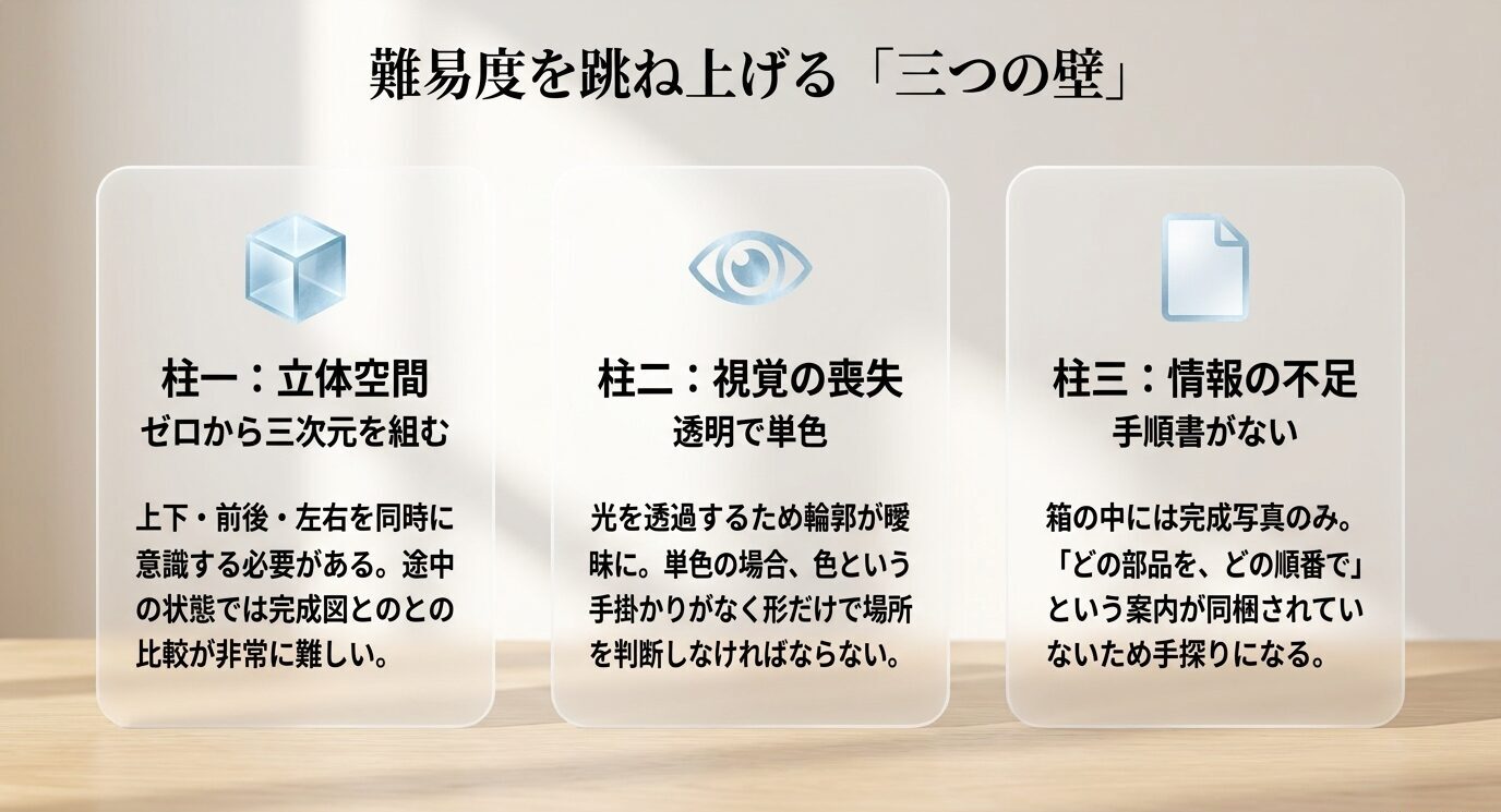 立体空間、視覚の喪失、情報不足の三つがクリスタルパズルの難易度を上げる要因として並んだ図解