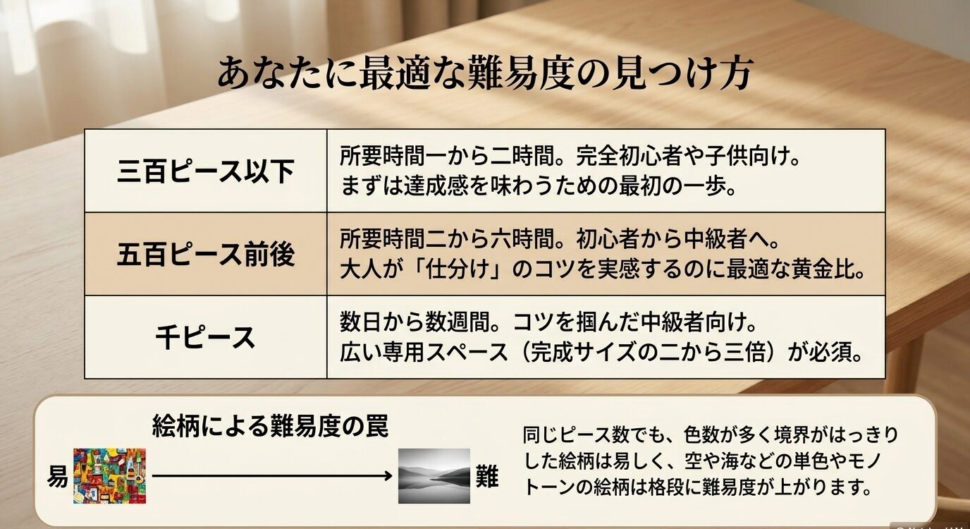 300ピース以下、500ピース前後、1000ピースの難易度目安と、絵柄による難しさの違いを示した表
