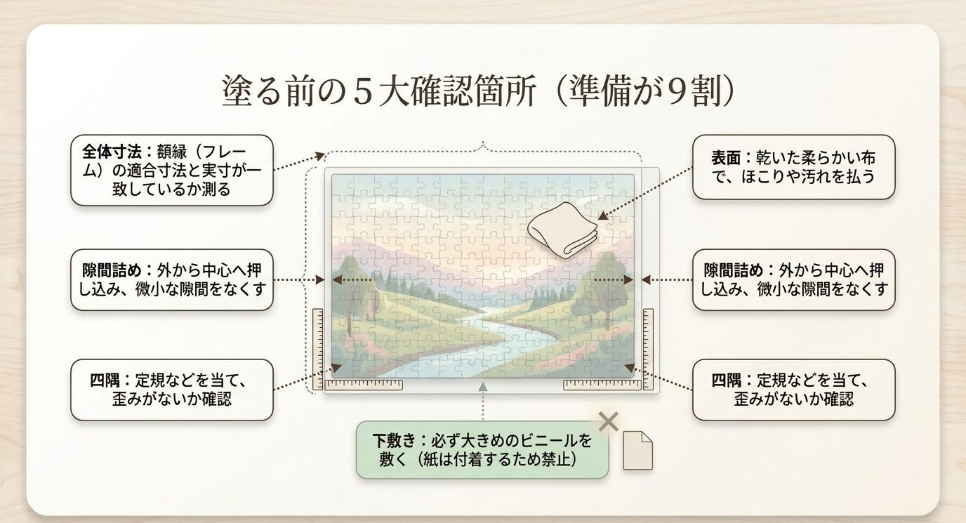 パズルを糊付けする前に確認する額縁サイズ、隙間詰め、四隅、表面のほこり、下敷きの注意点を示した図