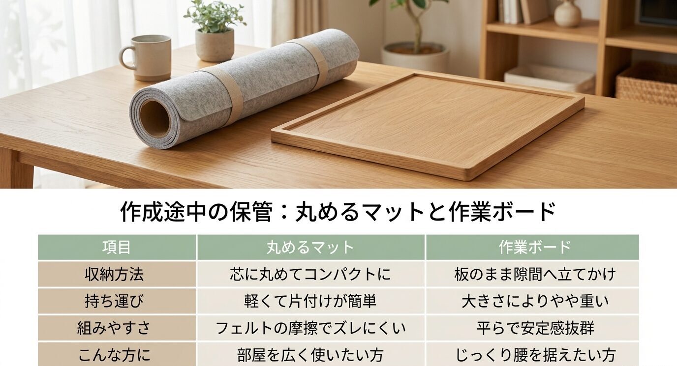 丸めるパズルマットと作業ボードの収納方法、持ち運び、組みやすさの違いを比較したスライド