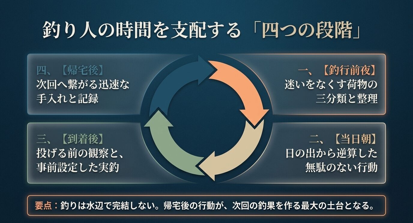 釣行前夜、当日朝、到着後、帰宅後の四段階を循環図で示し、釣り習慣の全体像を説明するスライド