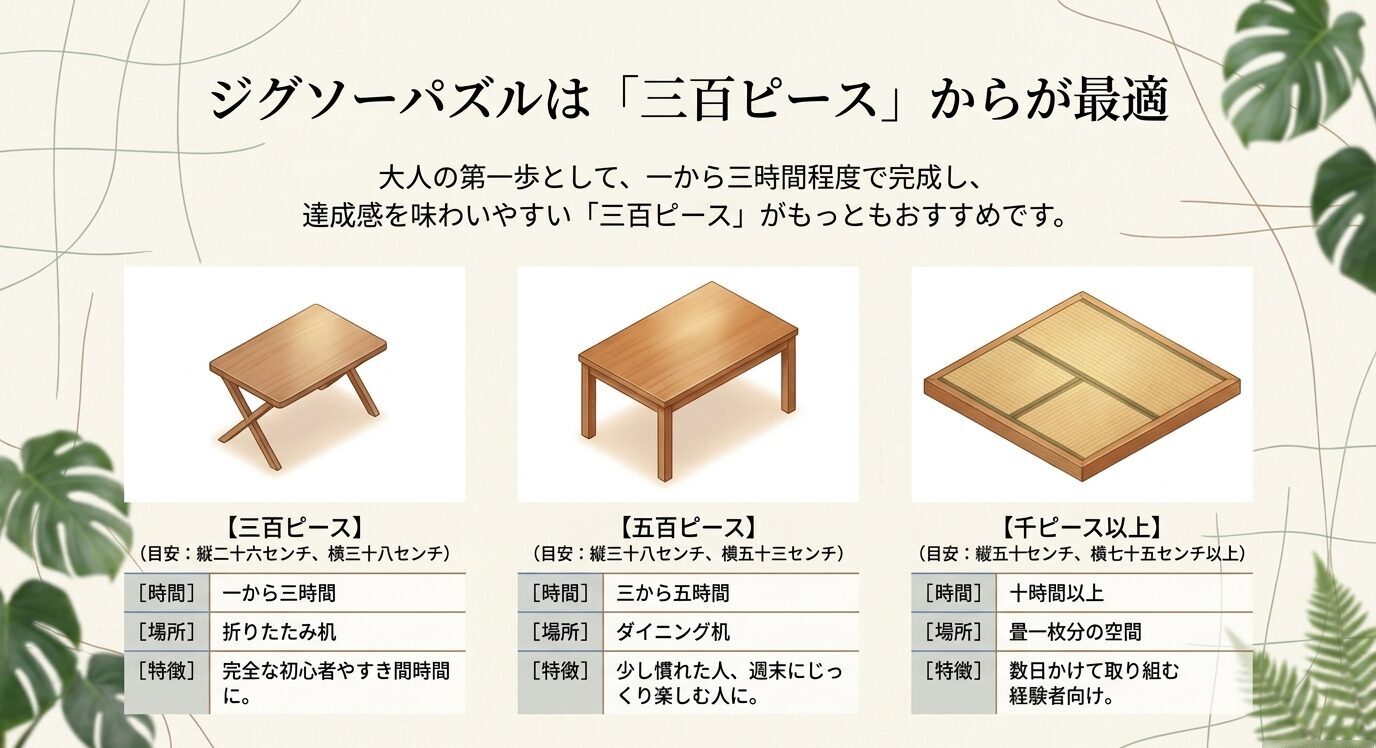300ピース、500ピース、1000ピース以上のジグソーパズルについて、完成時間、必要な場所、向いている人を比較したスライド。
